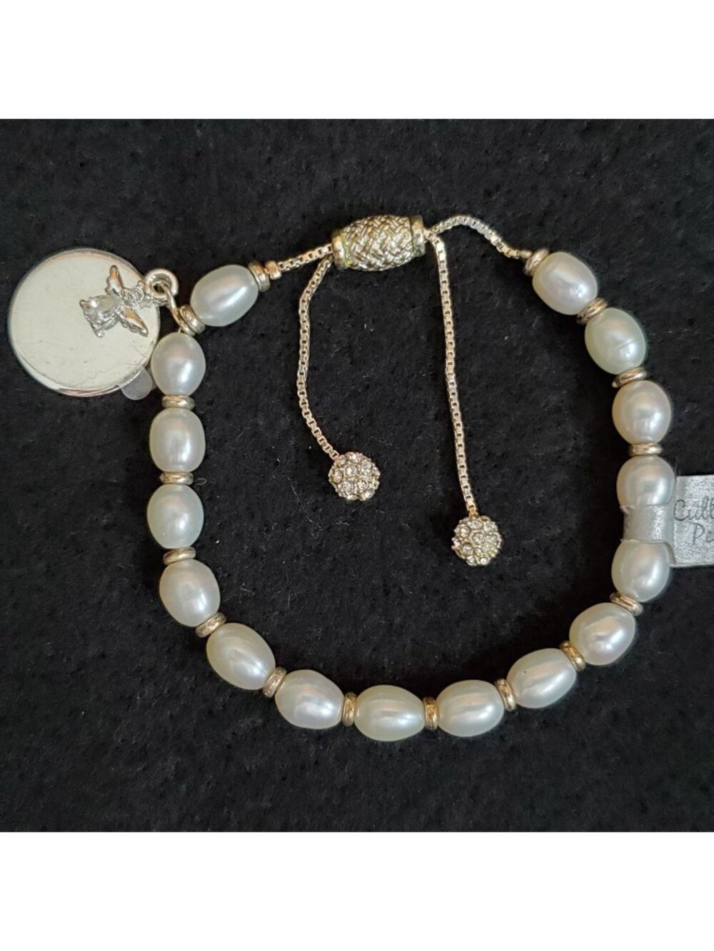Beaded Pearl Bracelet Silver Tone White Rhinestone Pull Chain 6-9.5" Anklet